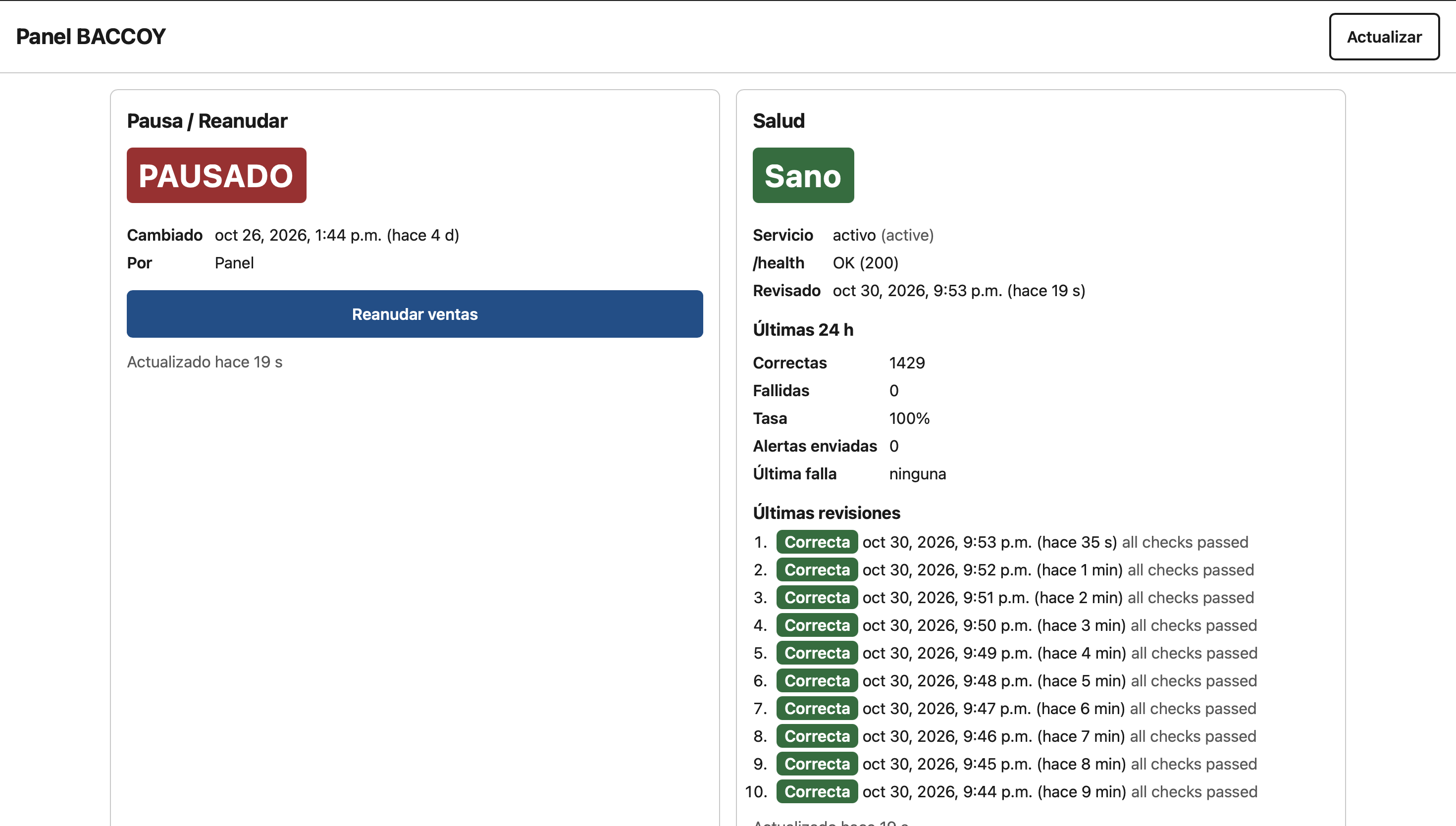 Actual BACCOY dashboard with paused sales controls and service health monitoring